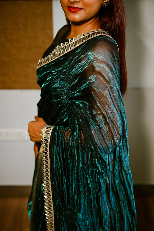 Teal tissue cocktail sari with black blouse piece
