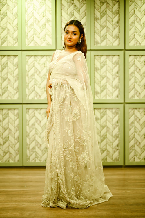 White embroidered organza sari