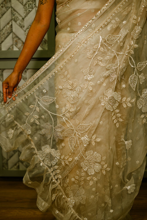 White embroidered organza sari