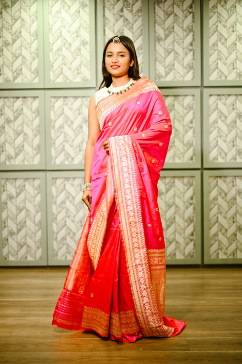 Pink Banarasi Silk Handloom Sari With Zari Work