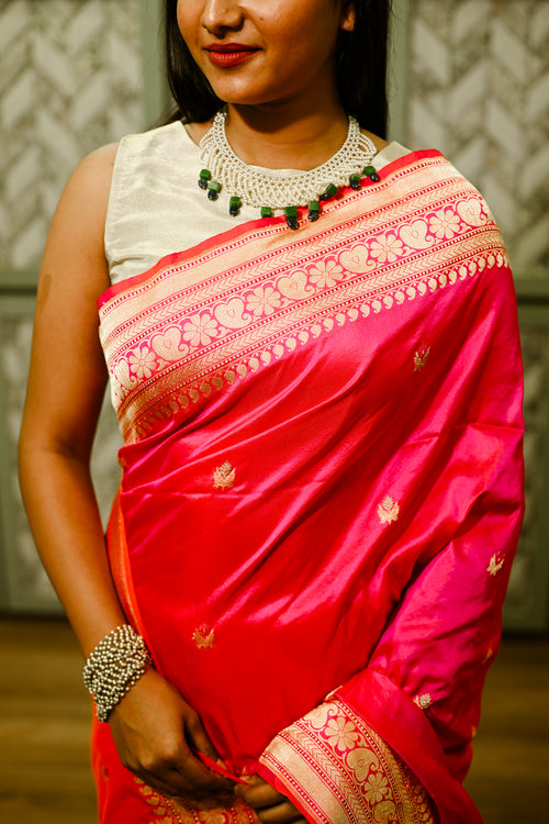 Pink Banarasi silk sari with zari work
