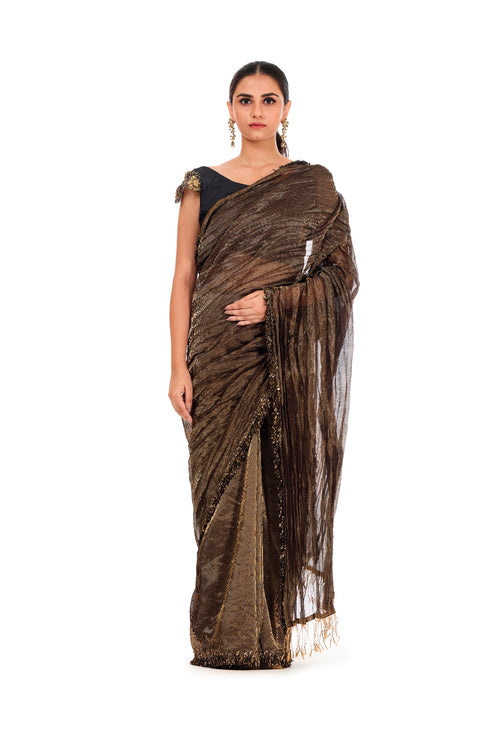 Black Gold crushed tissue fringe sari