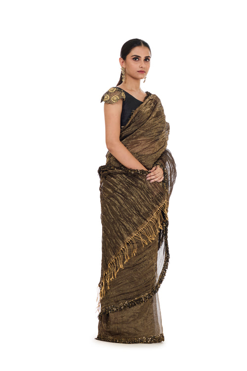 Black Gold crushed tissue fringe sari