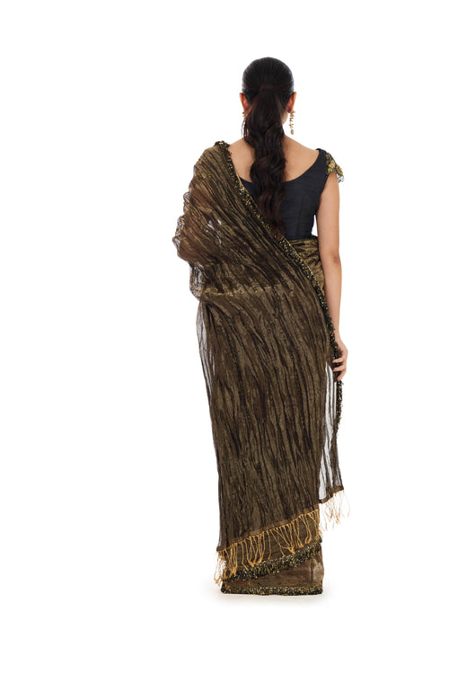 Black Gold crushed tissue fringe sari