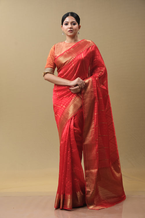 Red Silk Sari with  zari Lines
