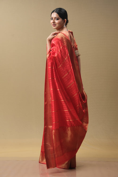 Red Silk Sari with  zari Lines