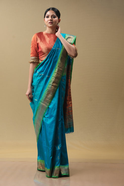 Aqua Paithani handwoven sari