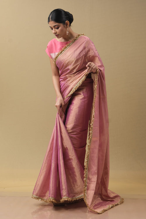 Pink tissue silk saree with border