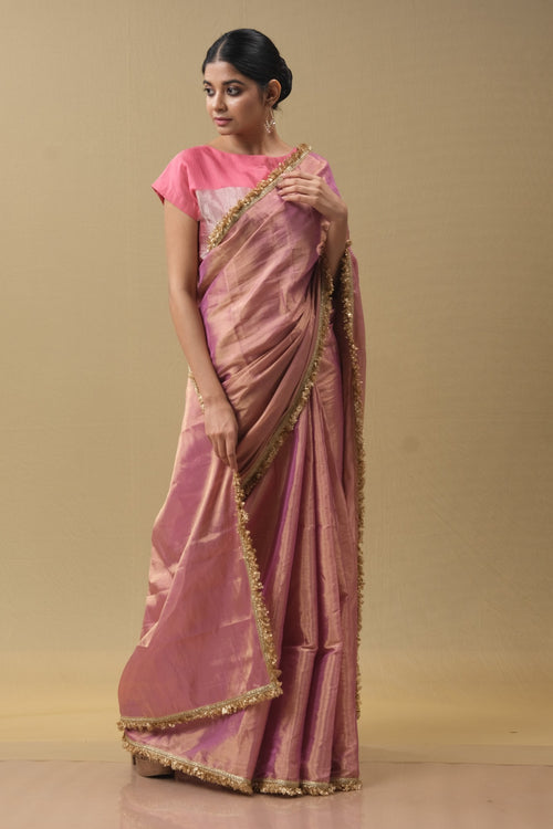 Pink tissue silk saree with border