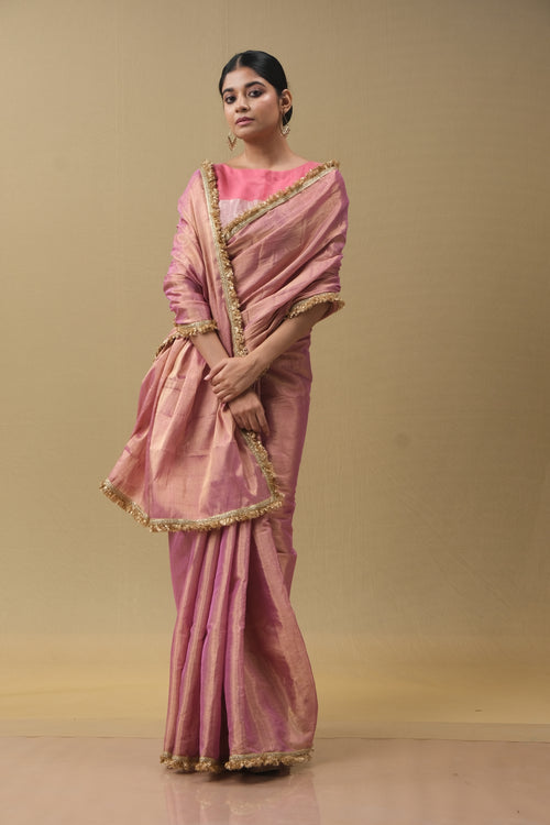 Pink tissue silk saree with border