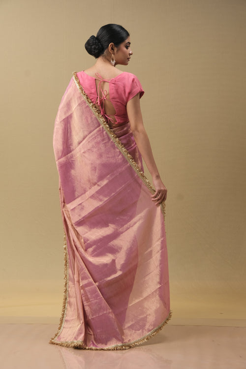 Pink tissue silk saree with border