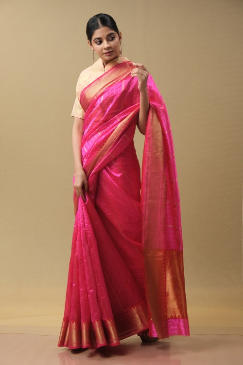 Rani pink silk sari with zari lines