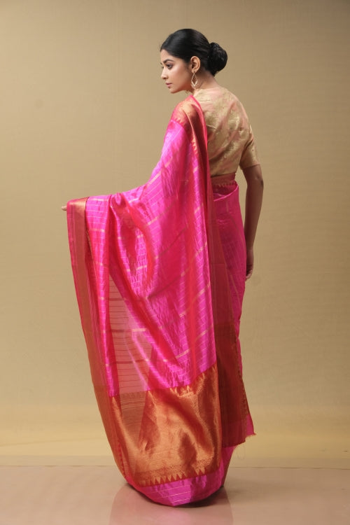 Rani pink silk sari with zari lines
