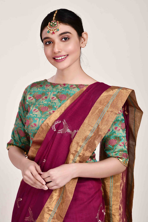 Wine coloured aina handloom cotton silk saree