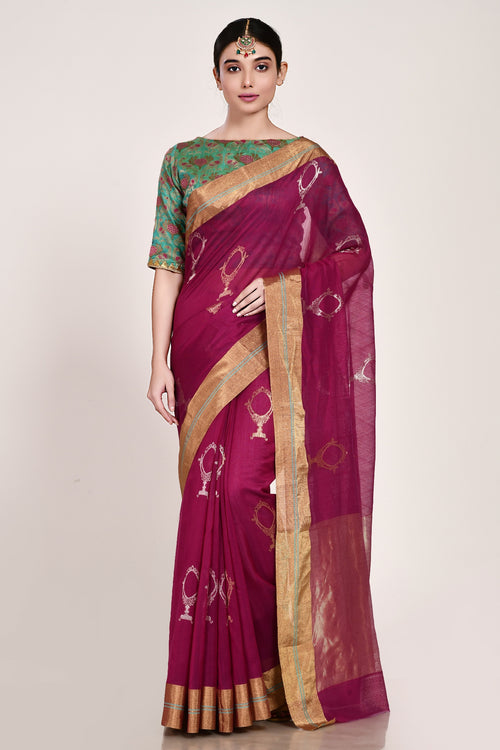 Wine coloured aina handloom cotton silk saree