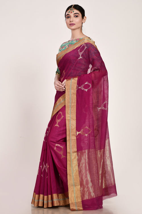 Wine coloured aina handloom cotton silk saree