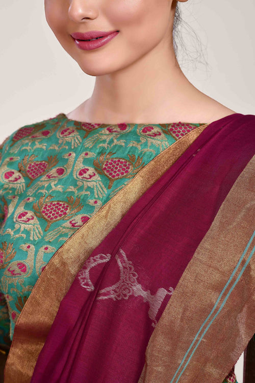 Wine coloured aina handloom cotton silk saree