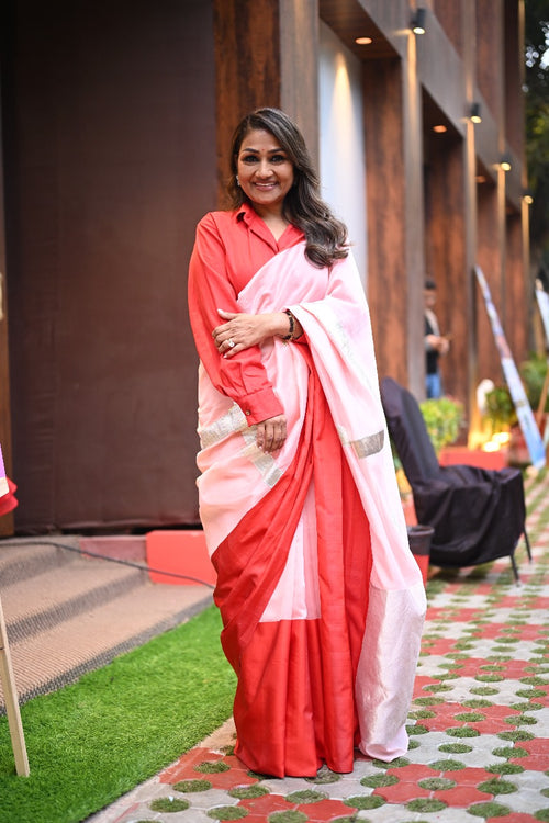 Dolly Jain peach sari with red mushru border with gota lines