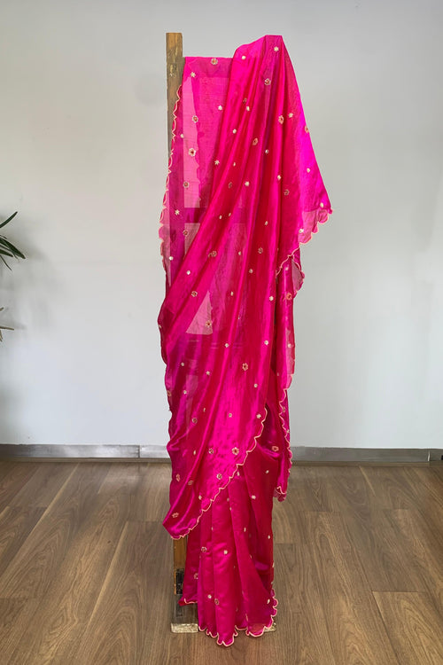 Rani pink silk meadow sari with floral embroidery -  Rashmi Chowdhary