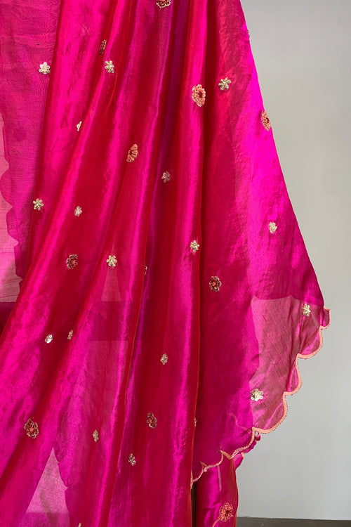 Rani pink silk meadow sari with floral embroidery -  Rashmi Chowdhary