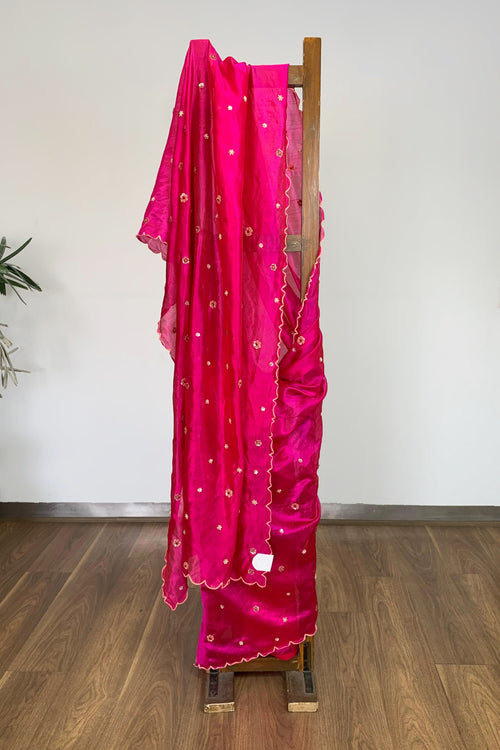 Rani pink silk meadow sari with floral embroidery -  Rashmi Chowdhary