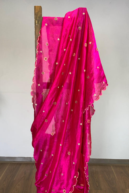 Rani pink silk meadow sari with floral embroidery -  Rashmi Chowdhary