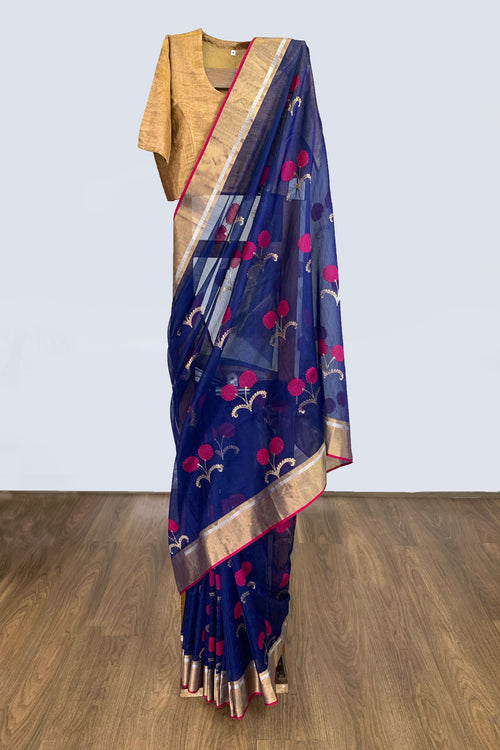 Blue sari with cherry motif