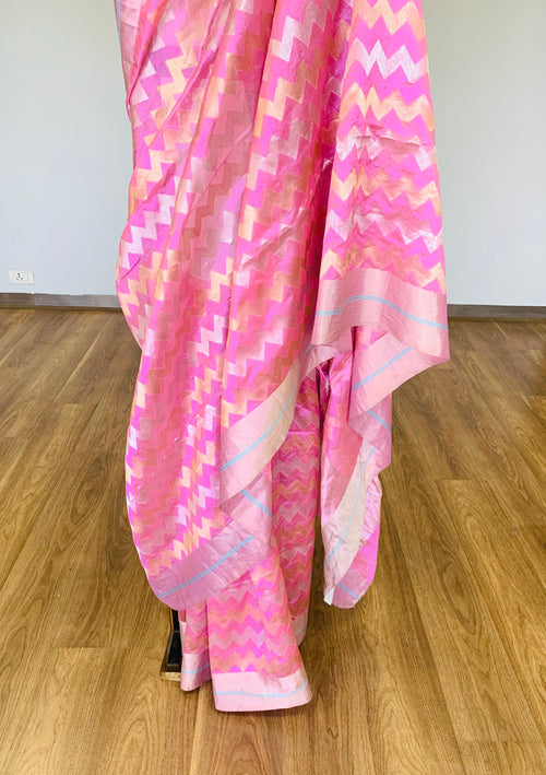 Pink silk sari with chevron design