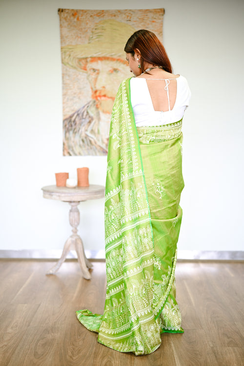  exquisite Green printed silk handwoven sari
