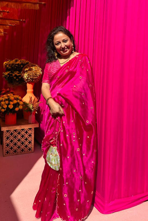 Rani pink silk meadow sari with floral embroidery -  Rashmi Chowdhary