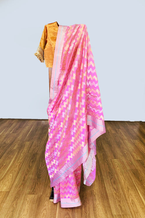 Pink silk sari with chevron design