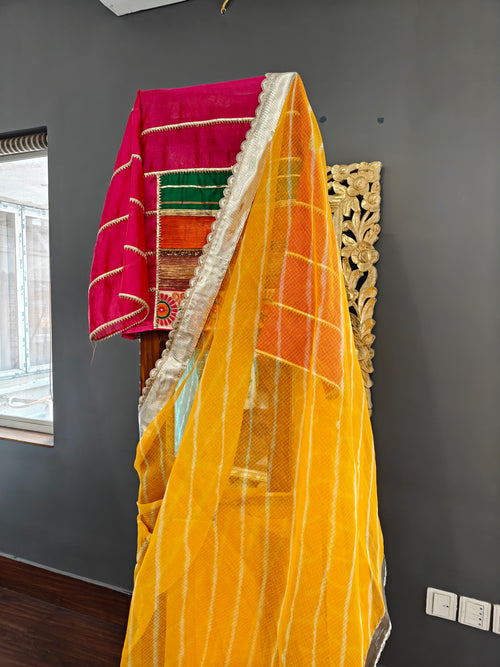 Yellow Kota leheria cotton saree with Lampi