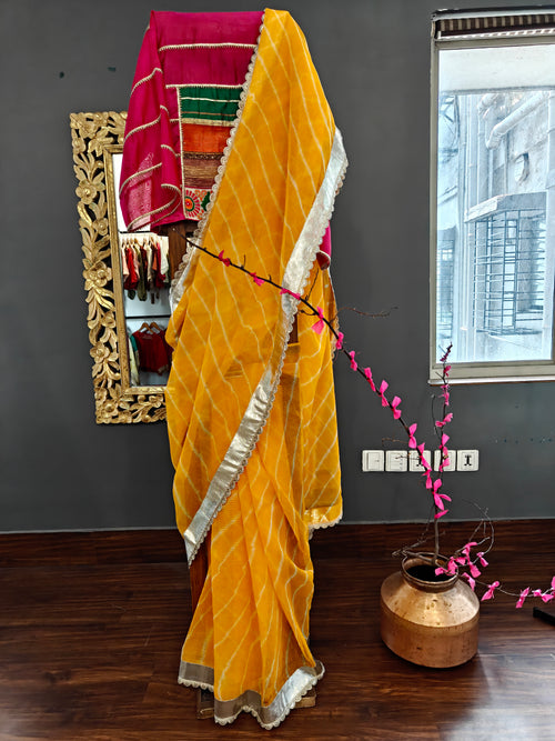 Yellow Kota leheria cotton saree with Lampi