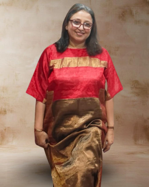 Red and antique gold patchwork kurta set