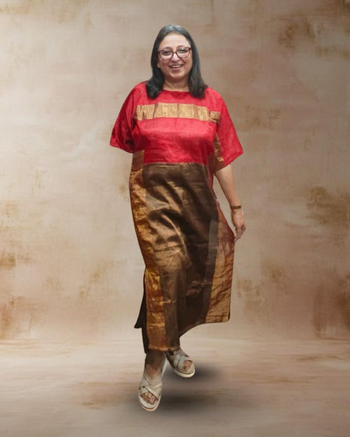 Red and antique gold patchwork kurta set