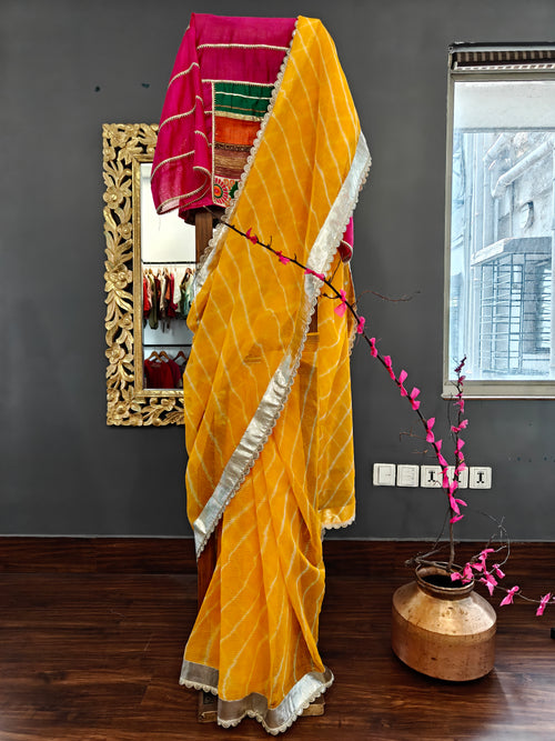 Yellow Kota leheria cotton saree with Lampi