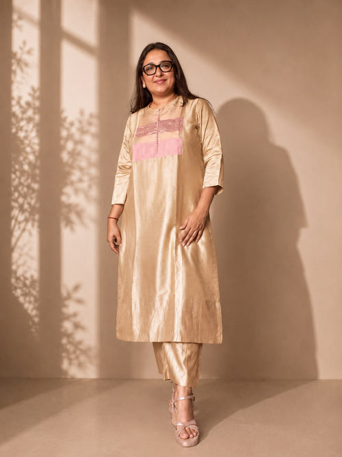 Beige chanderi kurta set with pink yoke